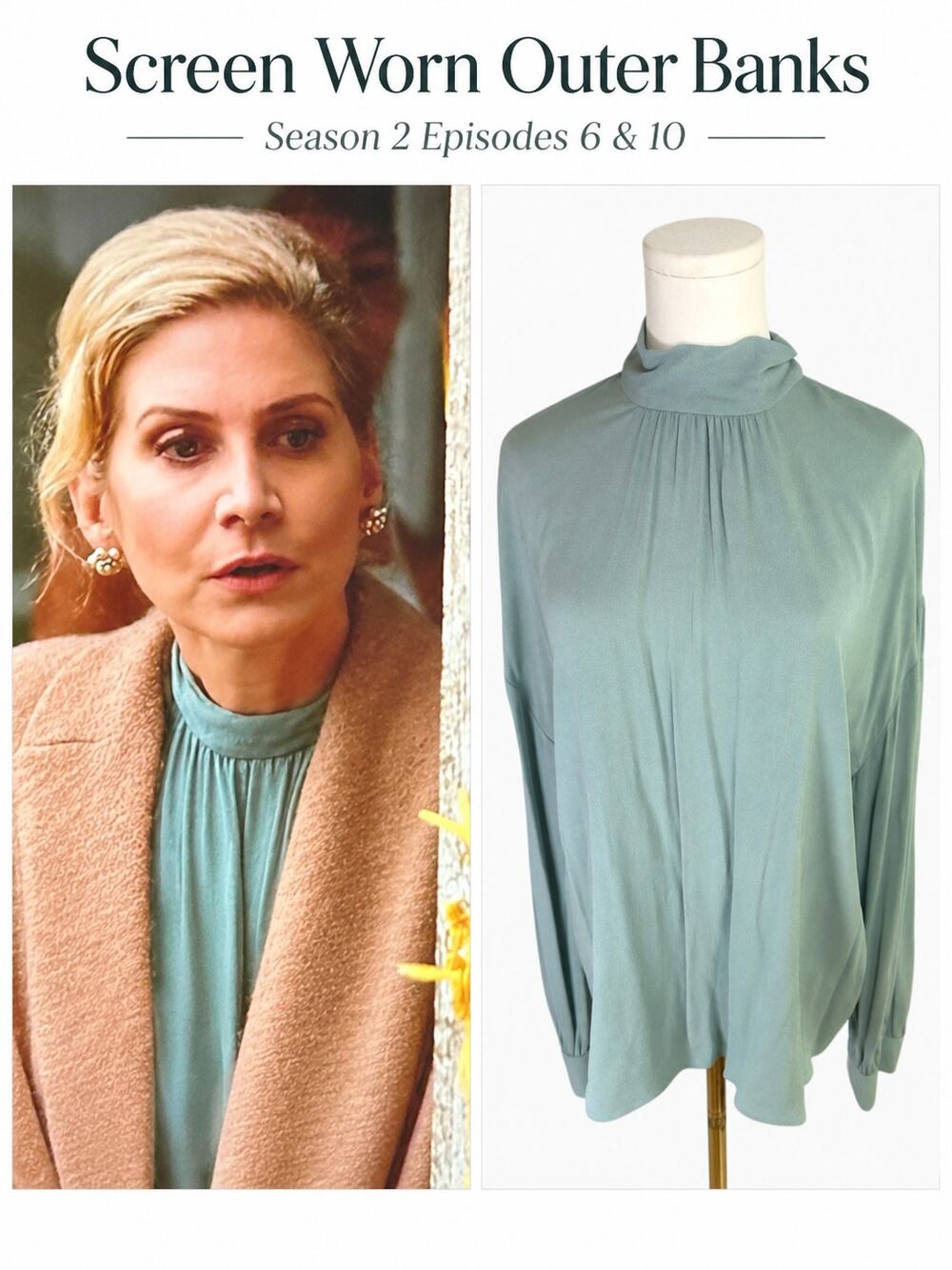 Screen Worn Outer Banks Vince Silk Mock Neck Long Sleeve Blouse Sage Green Large